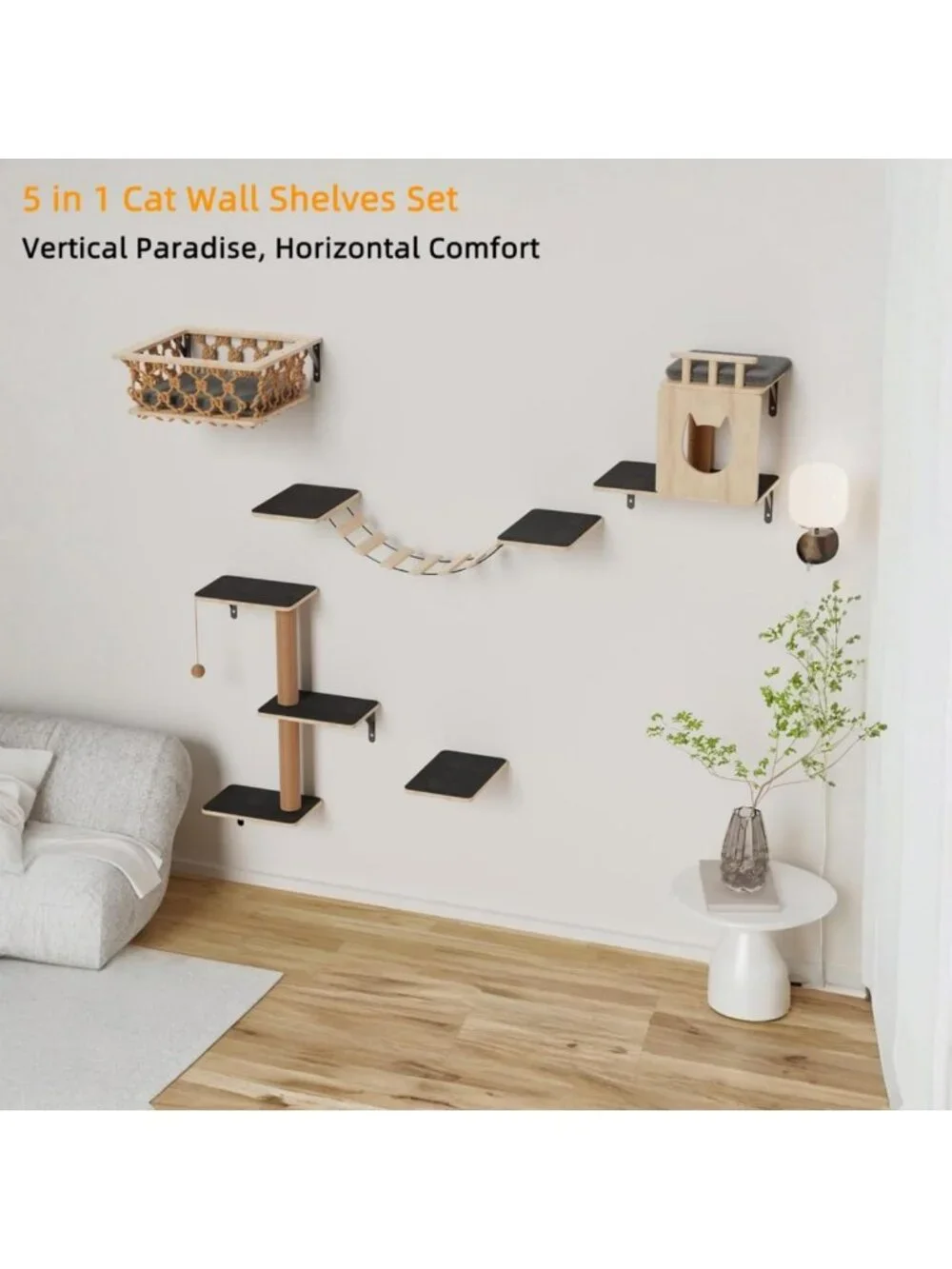 5-in-1 Cat Wall Shelves Set with Hammock, Condo, Bridge & Steps - Indoor Cat